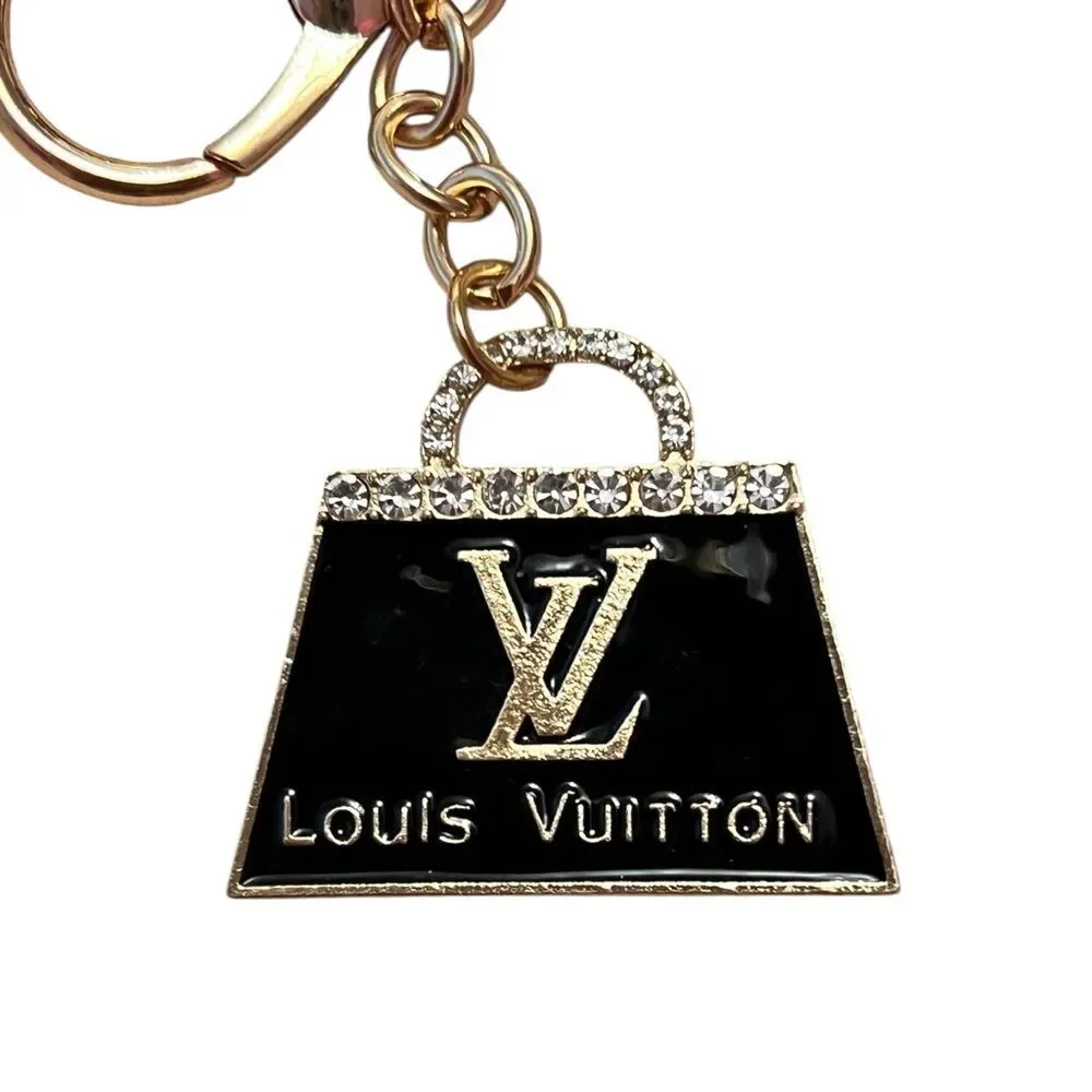 💎2/$30💎 Designer Inspired Crystal Logo Black and Gold Keychain Bag Charm